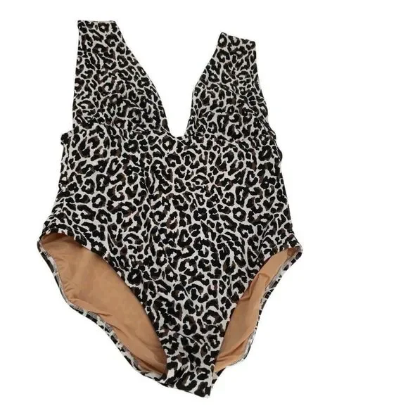 J. Crew Black White Animal Print Plunge One Piece Swimsuit Size XL - Picture 2 of 7